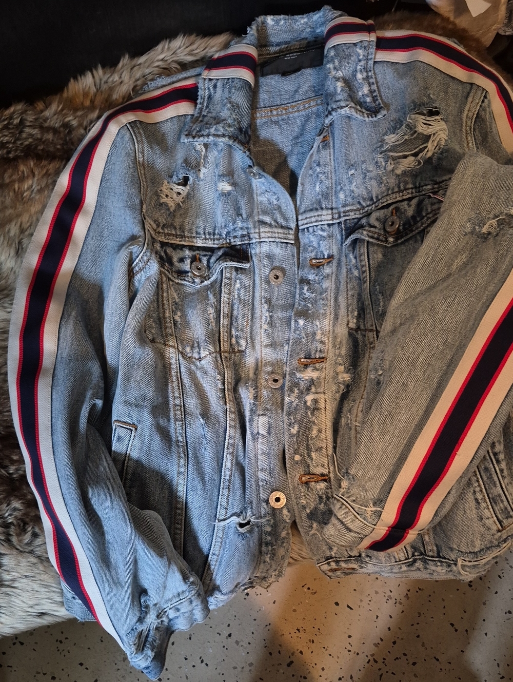 Men's Light Blue Distressed Denim Jacket with Navy & Red Stripe